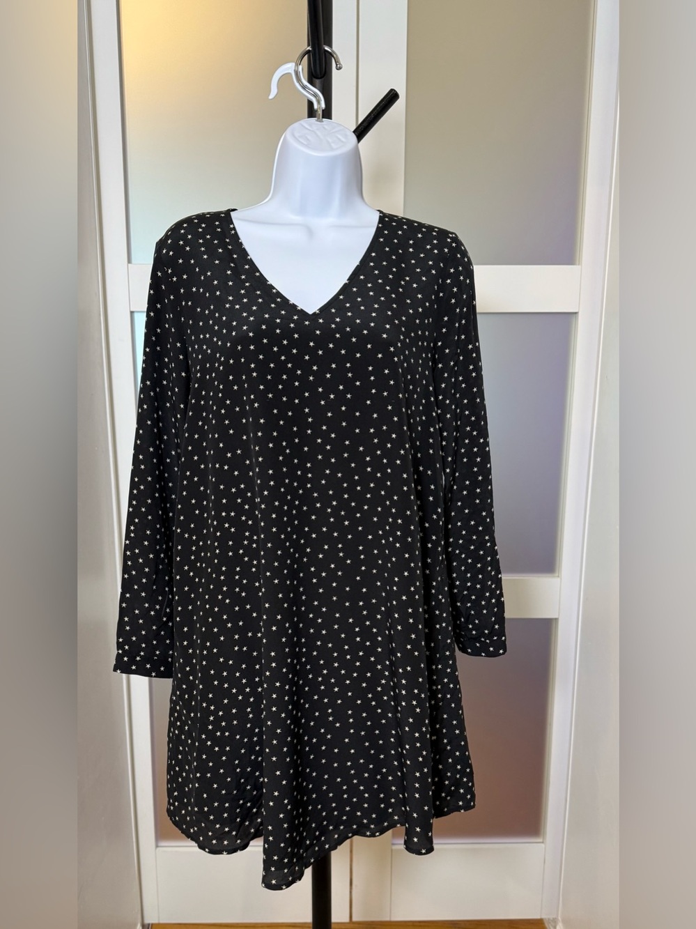 Madewell 100% Silk Black Star V-Neck Tunic Dress, Size XS